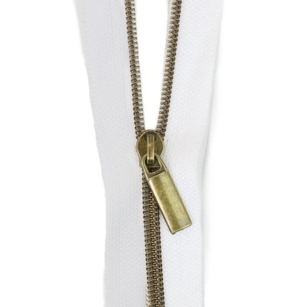 White Tape #3 Nylon Antique Coil Zippers: 3 Yards with 9 Pulls