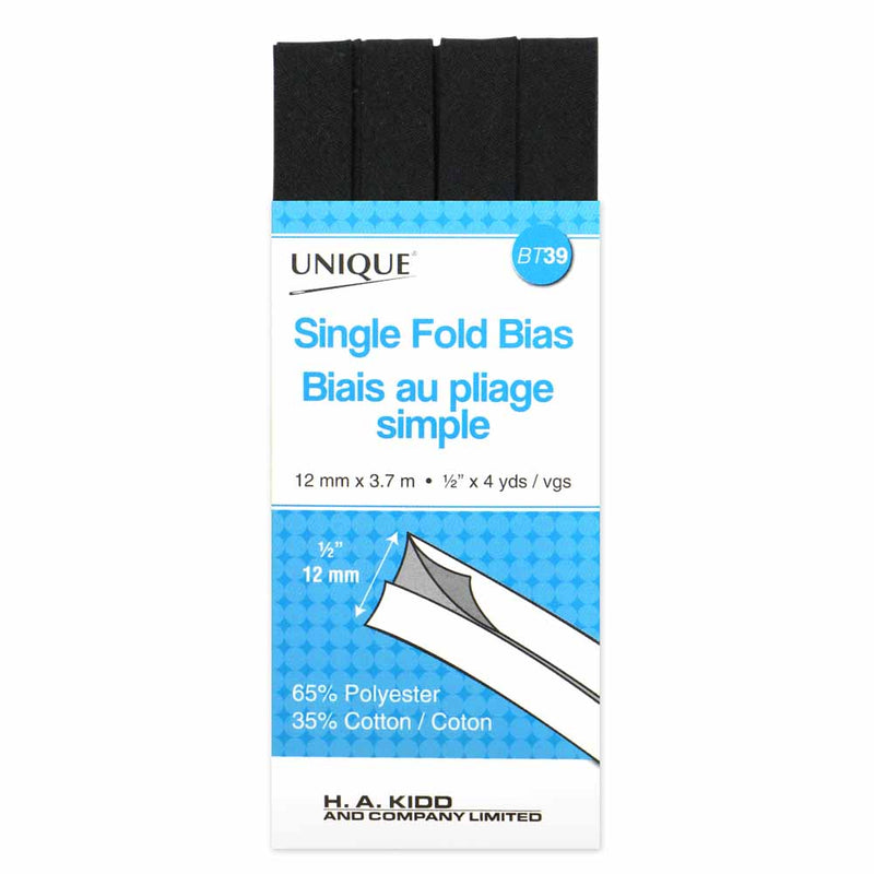 UNIQUE Single Fold Bias Tape 13mm x 3.7m - Black