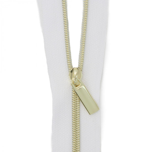 White #3 Nylon Gold Coil Zippers: 3 Yards with 9 Pulls