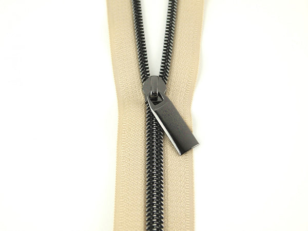 Beige #5 Nylon Gunmetal Coil Zippers: 3 Yards with 9 Pulls
